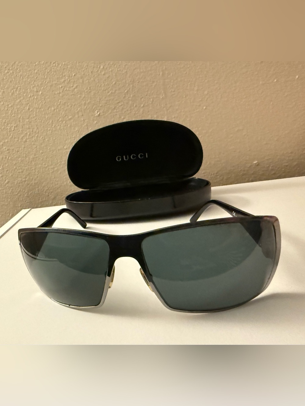 Vintage Gucci Black Sunglasses with Dark Green Lenses